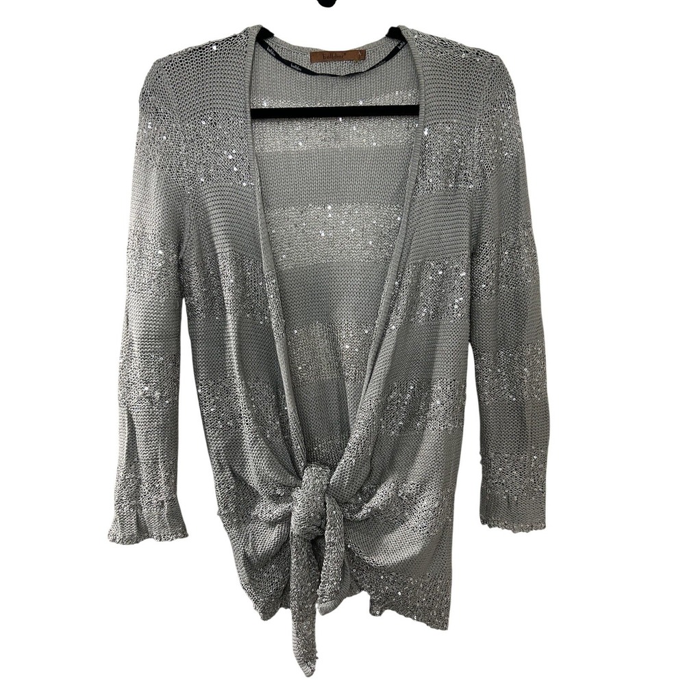 Belldini Womens Silver Metallic Sequin Tie‎ Front Shrug Cardigan Sweater Size S